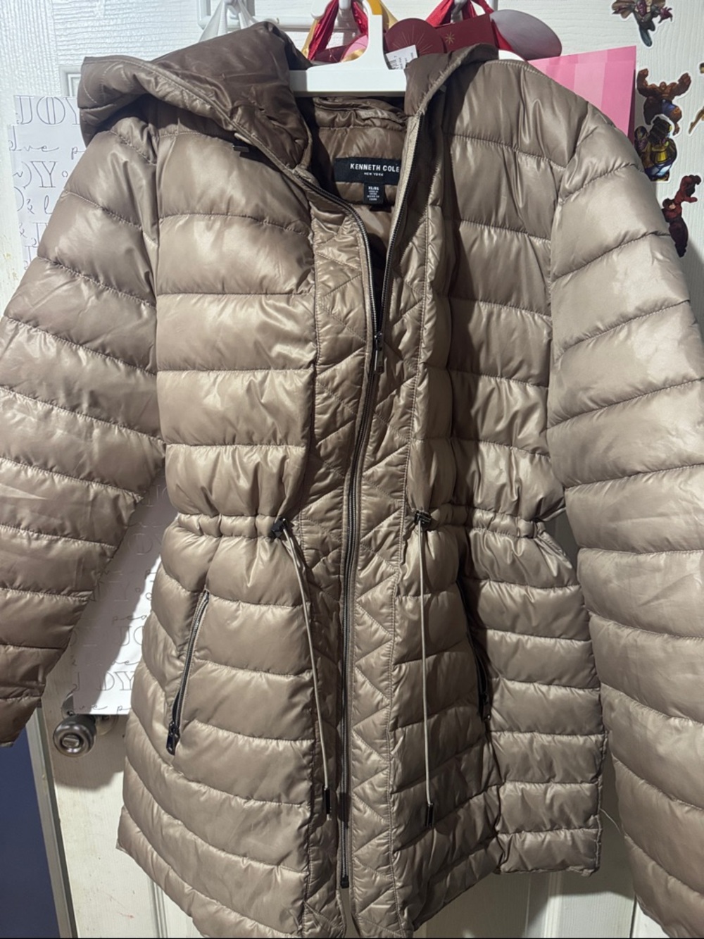 Kenneth Cole Taupe Quilted Hooded Puffer Coat